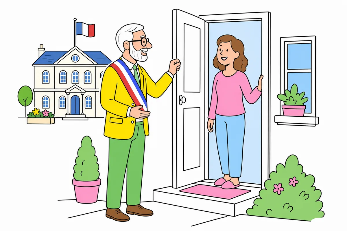 Élu en écharpe tricolore à la rencontre des habitants sur le pas de la porte